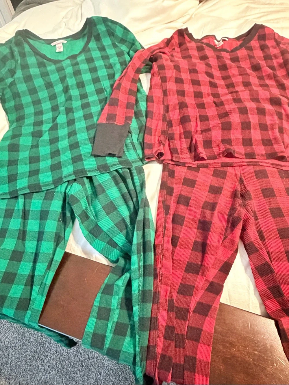 Set of 2 Victoria's Secret Red and Green Buffalo Plaid Thermal Pajama Sets.